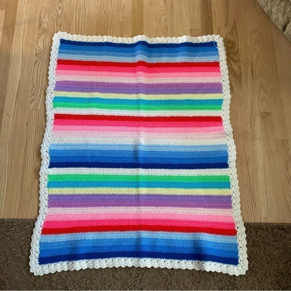 Vintage Rainbow Stripe Baby Blanket Hand Knit Crochet Kids Red Pink Blue Green